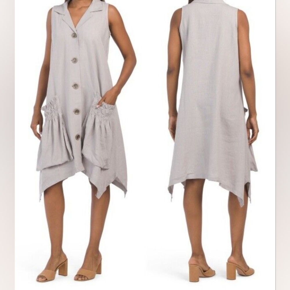 For Cynthia NWT Linen-Blend Sark Bite Hem Shirt Dress Patch Ruched Pockets Sz S